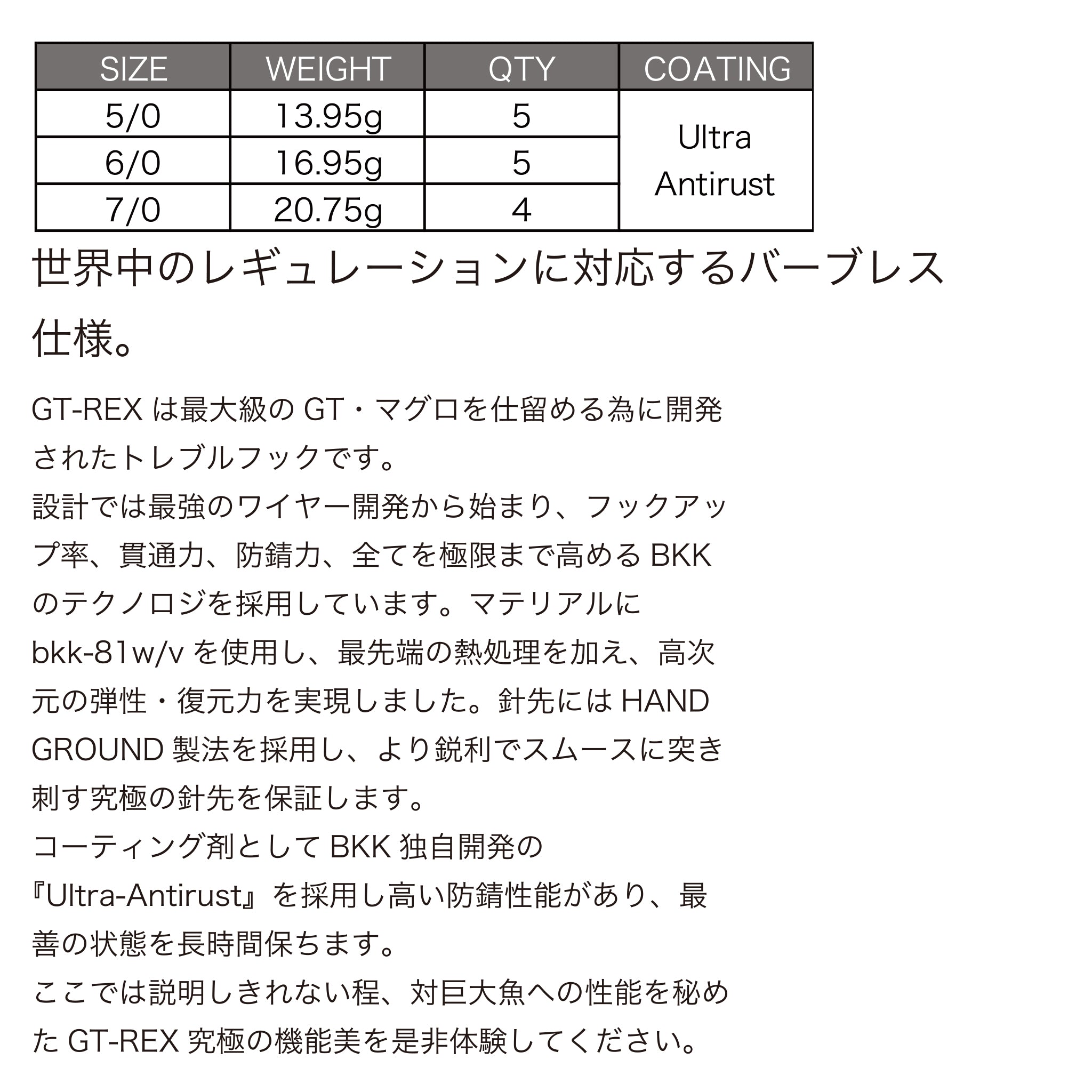GTレックス バーブレス トレブルフック BKK GT-REX BL TREBLE HOOK